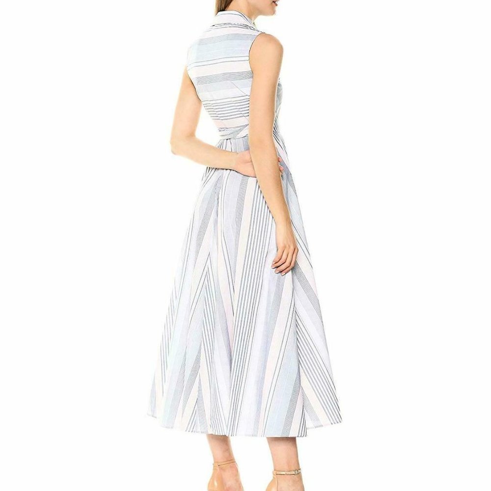 Calvin Klein Sleeveless Striped Wrap Maxi Dress in White and Light Blue - Picture 2 of 13